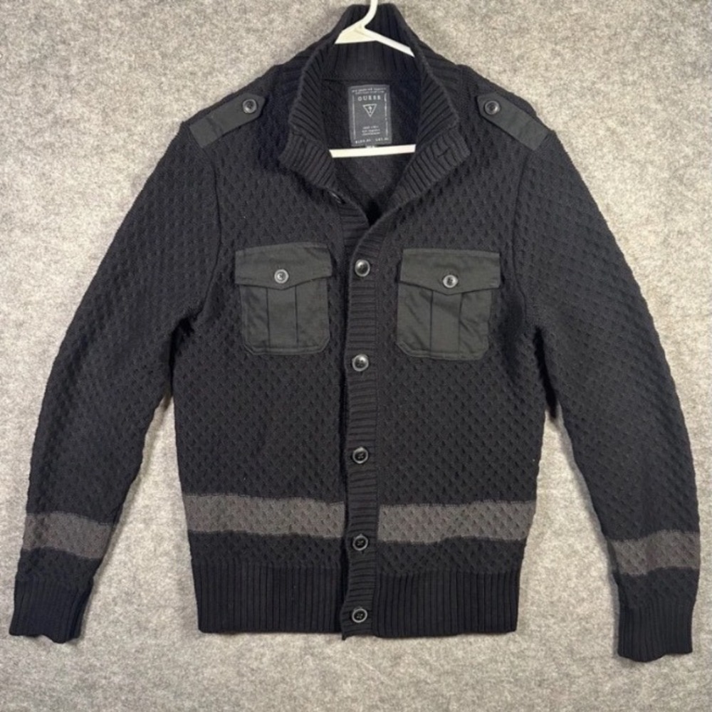 Guess Mens‎ Military Ombre Waffle Knit Button Cardigan Sweater Grey Black Large